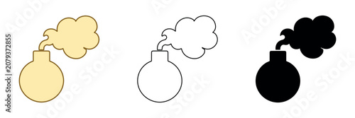 Tableau sur toile Explosive bomb icons with smoke in three distinct styles: colored, outline, and