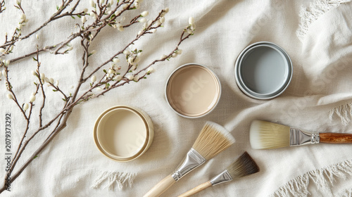 Earthy Toned Paint Cans with Brush and Fabric