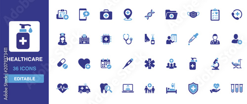 Fotografía Healthcare icon set featuring medical assistance, clinic diagnostics, emergency dispatch, hospital treatment and patient care glyph symbols for wellness designs