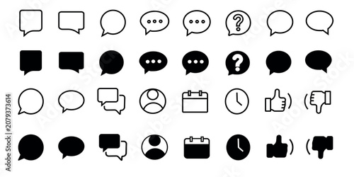 Tableau sur toile Set of communication interface icons featuring various chat bubbles question marks profile avatars calendar clock and like dislike symbols for web and mobile applications