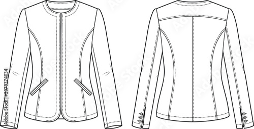 Obraz na plátně Detailed fashion flat sketch of tailored women’s jacket with round neckline, wel