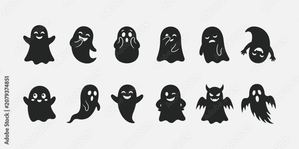 Obraz premium Cute Halloween Ghost Icon Set, Funny Ghost Silhouette Collection, Spooky Spirit Vector Bundle, Minimal Black Clipart