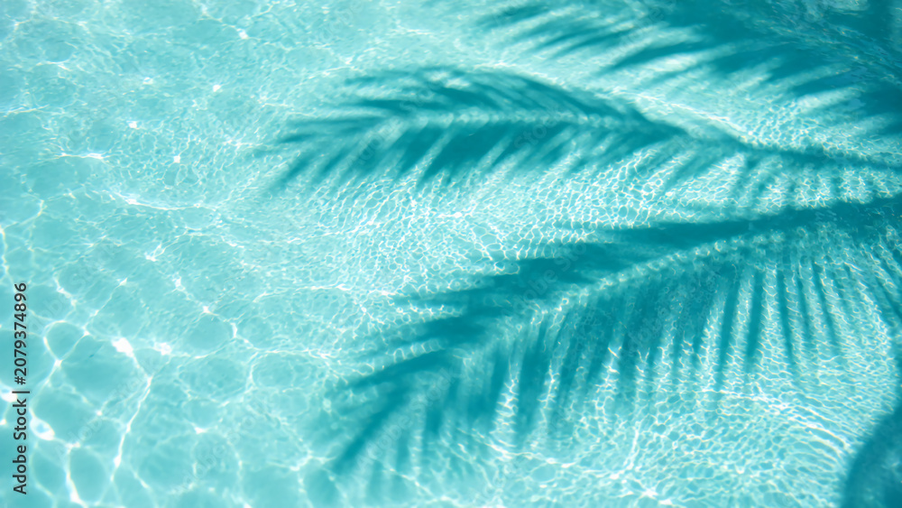 Fototapeta premium Clear turquoise water in a pool with sunlight reflecting and a shadow of palm leaves on the surface.