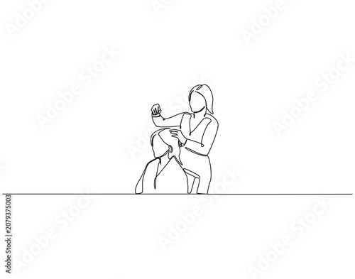 Hairdresser cutting woman's hair continuous line art. hairdresser cut woman hair one line drawing. Hair style concept vector illustration