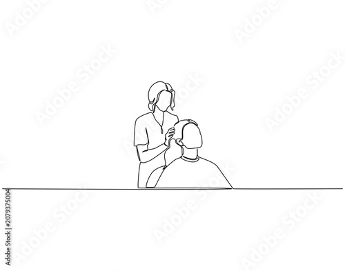 Hairdresser cutting woman's hair continuous line art. hairdresser cut woman hair one line drawing. Hair style concept vector illustration