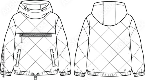 Fotografie Technical fashion flat sketch of quilted hooded jacket with drawstring collar, c