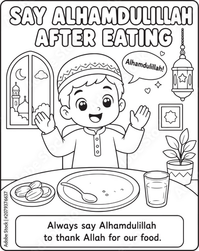 Islamic manners illustration of a boy saying alhamdulillah after eating coloring book style