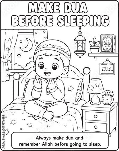 Islamic bedtime routine illustration with child making dua coloring book style