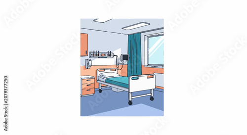 An empty hospital room with a bed monitor and window
