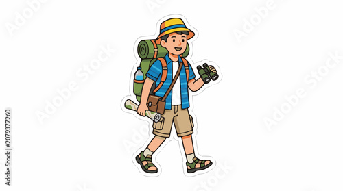 Boy walking with backpack and binoculars.
