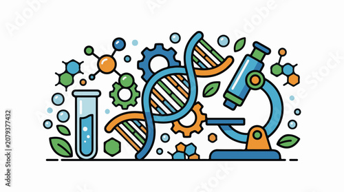 Colorful illustration of DNA microscope test tube gears and molecular structures