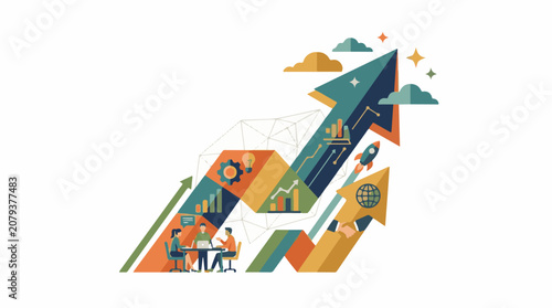Colorful vector graphic shows business growth and teamwork with charts graphs people