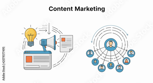 Conceptual illustration of content marketing strategy showing idea generation promotion and audience engagement