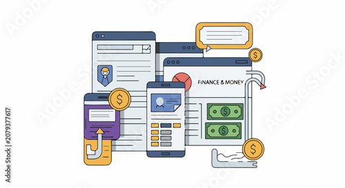 Digital financial management with screens phones and currency symbols