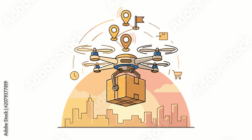 Drone Delivering Package Over Cityscape.