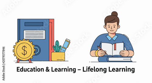 Educational resources a person studying and a monetary symbol representing learning value