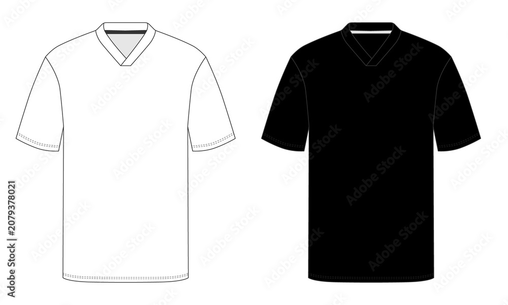 Fototapeta premium t shirt template. A template of a white and black short-sleeved soccer jersey. A white V-neck T-shirt, front view. An isolated illustration of a short-sleeved T-shirt on a white background.