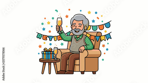 Elderly man celebrating birthday with champagne.