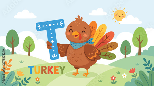 Cheerful cartoon turkey character holding a vibrant blue letter T, illustrating the word TURKEY in a fun and educational outdoor landscape with a sunny sky and green hills