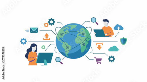 People connected globally via digital network managing data and services