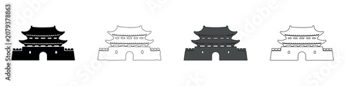 Photos Traditional East Asian gatehouse architecture with tiered roofs and crenellated