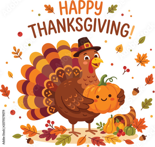 Cute Thanksgiving Turkey Character Holding a Smiling Pumpkin Surrounded by Autumn Leaves and Seasonal Decorations