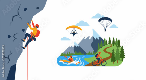 Vibrant outdoor adventure montage climbing kayaking cycling hang gliding and paragliding