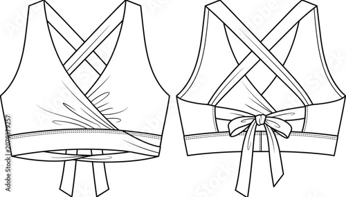 Women's Wrap Sports Bra Technical Flat Sketch Front and Back View with Cross Back Straps and Tie Closure
