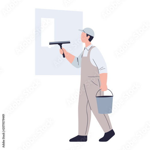 Male cleaner with squeegee and bucket washing window during daytime with white background concept