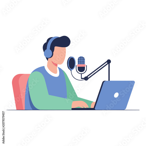 Man with headphones speaks into microphone at laptop desk during online broadcast recording