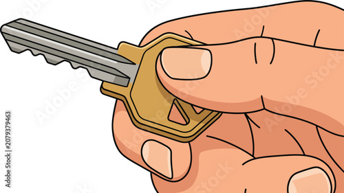 Vector illustration of a hand holding a metal key close-up, representing security, unlocking, real estate, and ownership concept