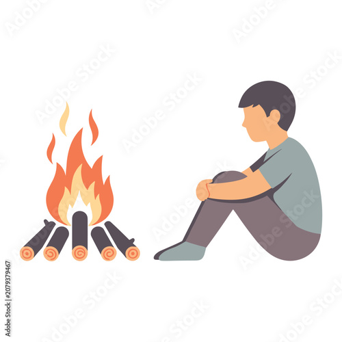 Young boy sitting alone with campfire during twilight solitude concept isolated on white