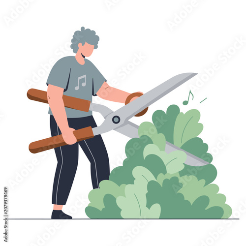 Person trimming bush with giant scissors during daylight representing meticulous gardening or precise landscaping