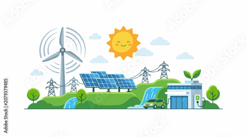 A cartoon landscape with renewable energy sources