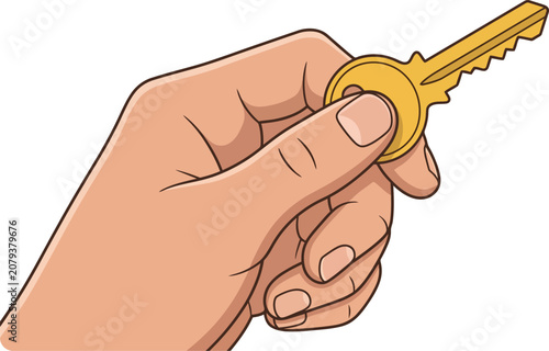 Cartoon vector illustration of a human hand securely grasping a shiny golden key, symbolizing access, solution, or ownership on a clean white background