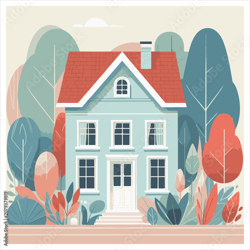Classic light blue house with red roof surrounded by stylized trees and soft autumn foliage flat vector illustration