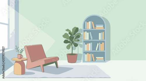 Cozy room with armchair plant and bookshelf bathed in soft sunlight