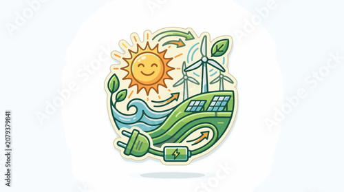 A cartoon-style illustration of a smiling sun wind turbines solar panels and a green vehicle with a battery and plug