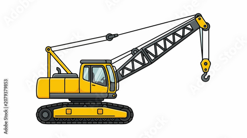 A cartoon-style illustration of a yellow construction crane