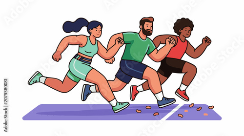 Diverse group of people running together.