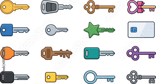 Collection of colorful key icons including house keys, car key, keycard, and vintage keys