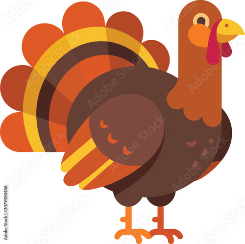 Flat Vector Illustration of a Festive Thanksgiving Turkey Character for Autumn Holiday Graphic Design Projects