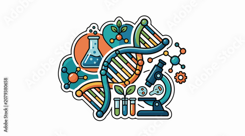 A colorful illustration of DNA test tubes microscope and science equipment