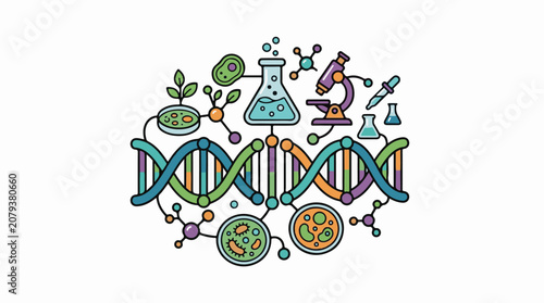 A colorful illustration of DNA cells and laboratory equipment (1)