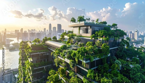 Lush vertical gardens on modern city skyscraper facade.