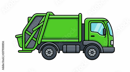 Green garbage truck side view.