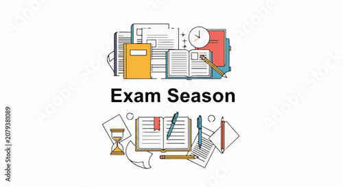 Illustrated stationery books and clock representing academic stress and study