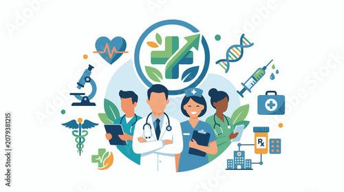 A colorful illustration of medical professionals surrounded by health-related icons and symbols