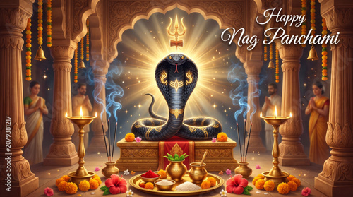 Canvastavla Sacred Cobra Worship in Illuminated Temple for Nag Panchami Festival Greeting Ba