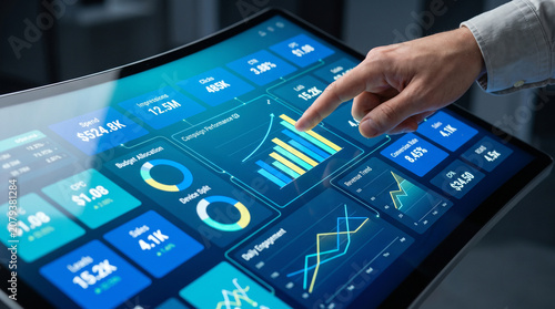 A close up of a finger pointing at an interactive performance marketing dashboard grid with data charts and metrics on a digital monitor.